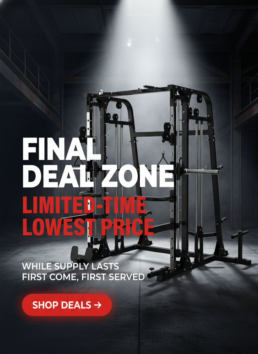 Gym equipment with promotional text for 'Final Deal Zone' on a dark background