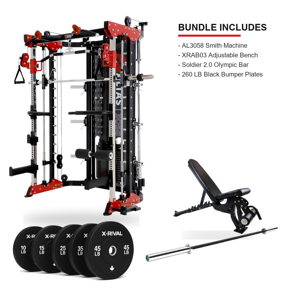 AL3058 XRAB03 Soldier 2.0 Olympic Bar and 260 LB black bumper plate bundle on a clean white background with included items