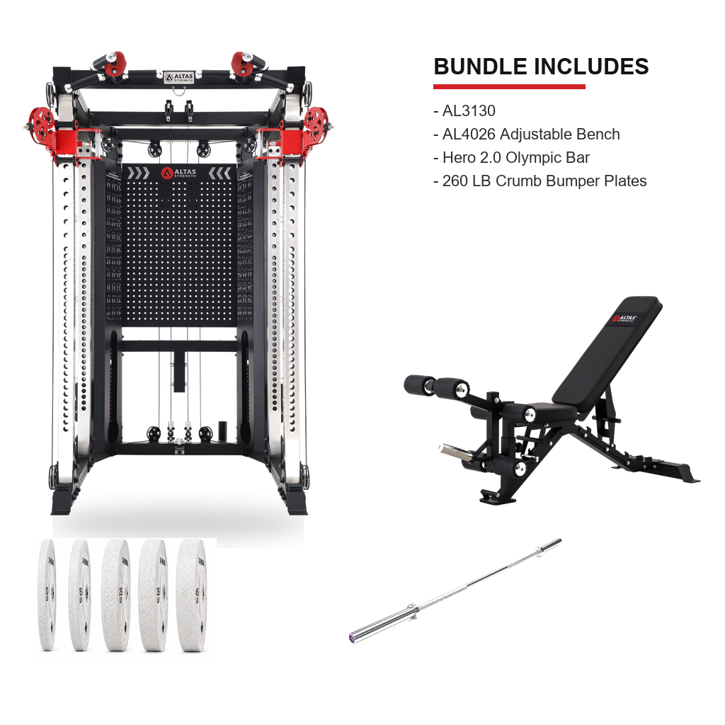 AL3130 AL4026 first product image Hero 2.0 Olympic Bar and 260 LB crumb bumper plate bundle on a clean white background