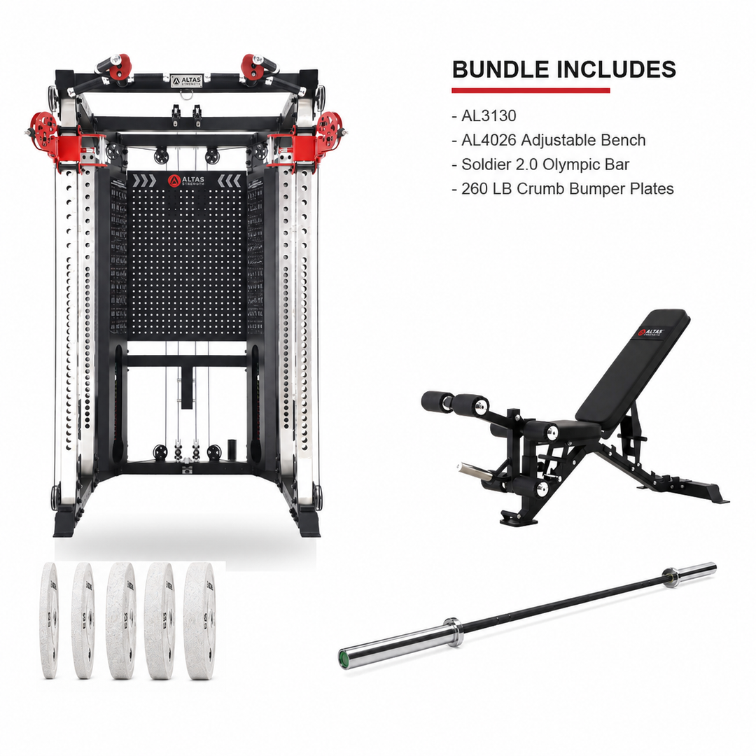 AL3130 AL4026 bundle with Soldier 2.0 Olympic Bar and 260 LB crumb bumper plates on a clean white background
