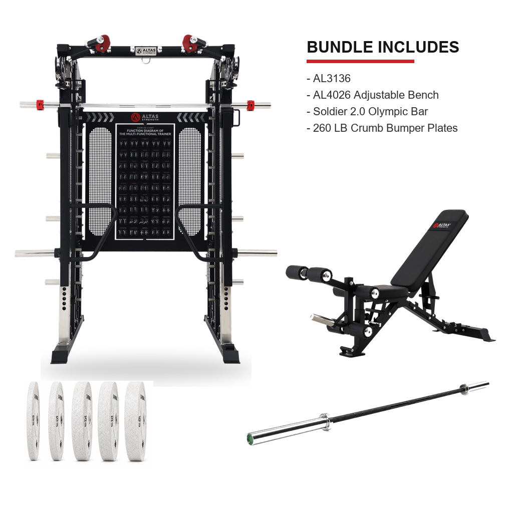AL3136 AL4026 first product image Soldier 2.0 Olympic Bar and 260 LB crumb bumper plate bundle on a clean white background