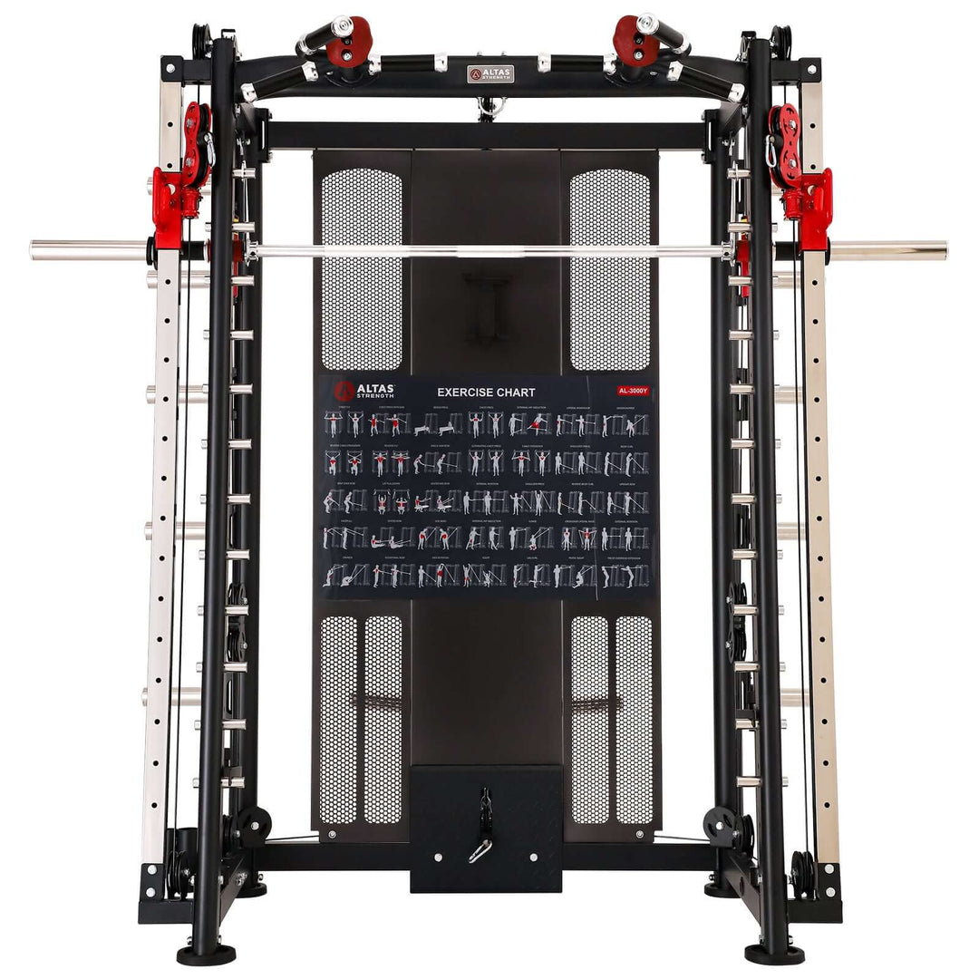 ALTAS AL-3000Y multi-function smith machine for strength training with exercise chart, in black and yellow color.
