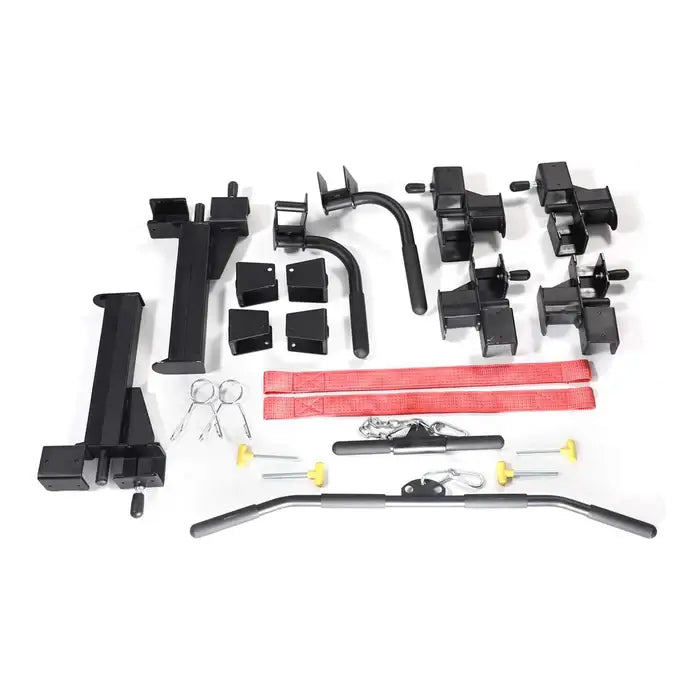 ALTAS AL-3028 squat rack accessories including J-hooks, dip handles, safety catch bars, and other attachments for home gym.