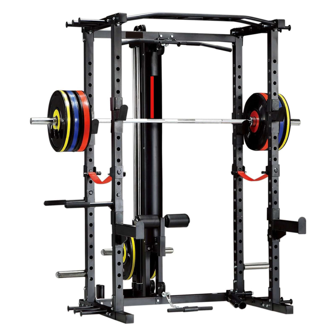 ALTAS AL-3028 squat rack with multi-grip bar, safety catches, and weight plates for strength training in any gym.