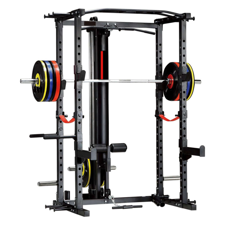 ALTAS AL-3028 squat rack with multi-grip bar, safety catches, and weight plates for strength training in any gym.