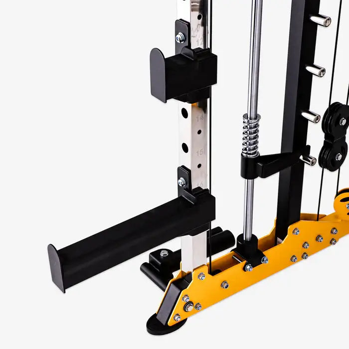 Close-up of Altas AL-3059 Smith Machine's heavy-duty steel construction and adjustable components for strength training.
