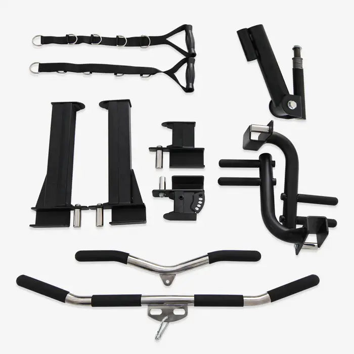 Various fitness machine attachments including handles, brackets, and bars for home gym exercises.