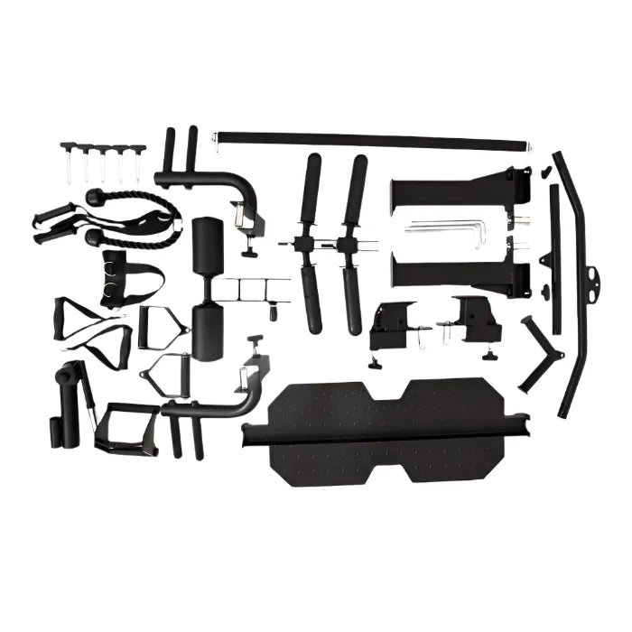 Assorted components of the ALTAS AL-M810 smith machine, including grips and attachment parts for home gym workouts.