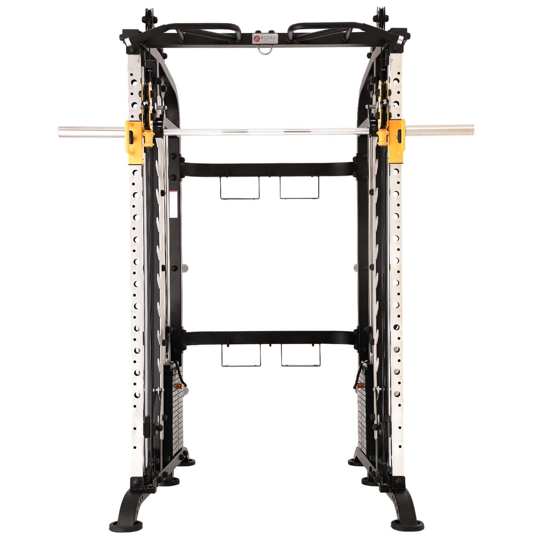 ALTAS AL-M810 Smith Machine for home gym, featuring adjustable barbell rack and dual pulley system for total body workouts.