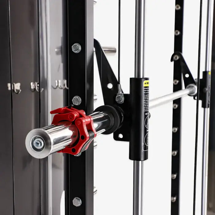 Detail view of the ALTAS AL-3058G Smith Machine barbell and locking mechanism for weight training at home.