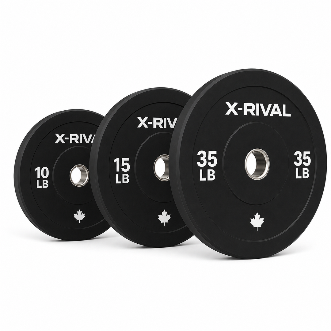 X-RIVAL 120LB black bumper plate set with 10LB, 15LB, and 35LB plates on a clean white background