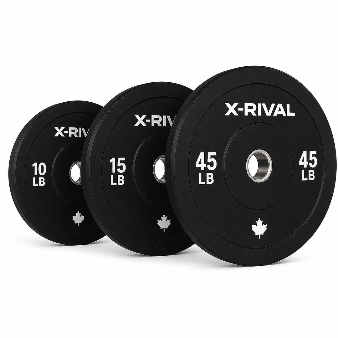 X-RIVAL 140LB black bumper plate set with 10LB, 15LB, and 45LB plates on a clean white background