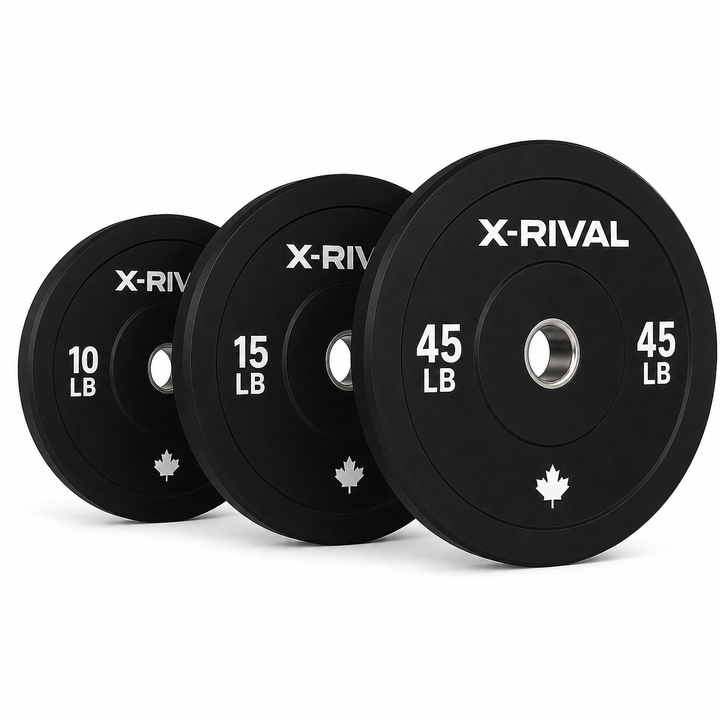 X-RIVAL 140LB black bumper plate set with 10LB, 15LB, and 45LB plates on a clean white background