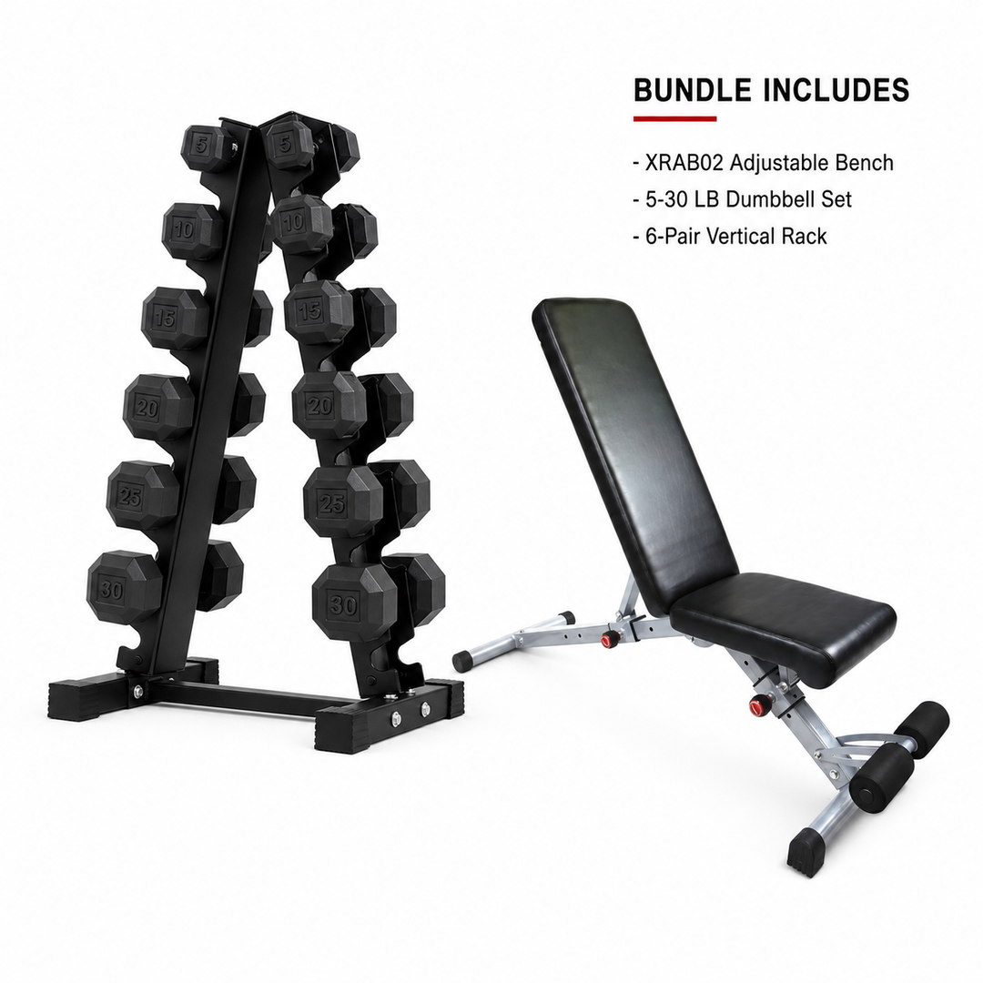Bench XRAB02 bundle includes 5-30 lb dumbbell set and 6-pair vertical rack on white background
