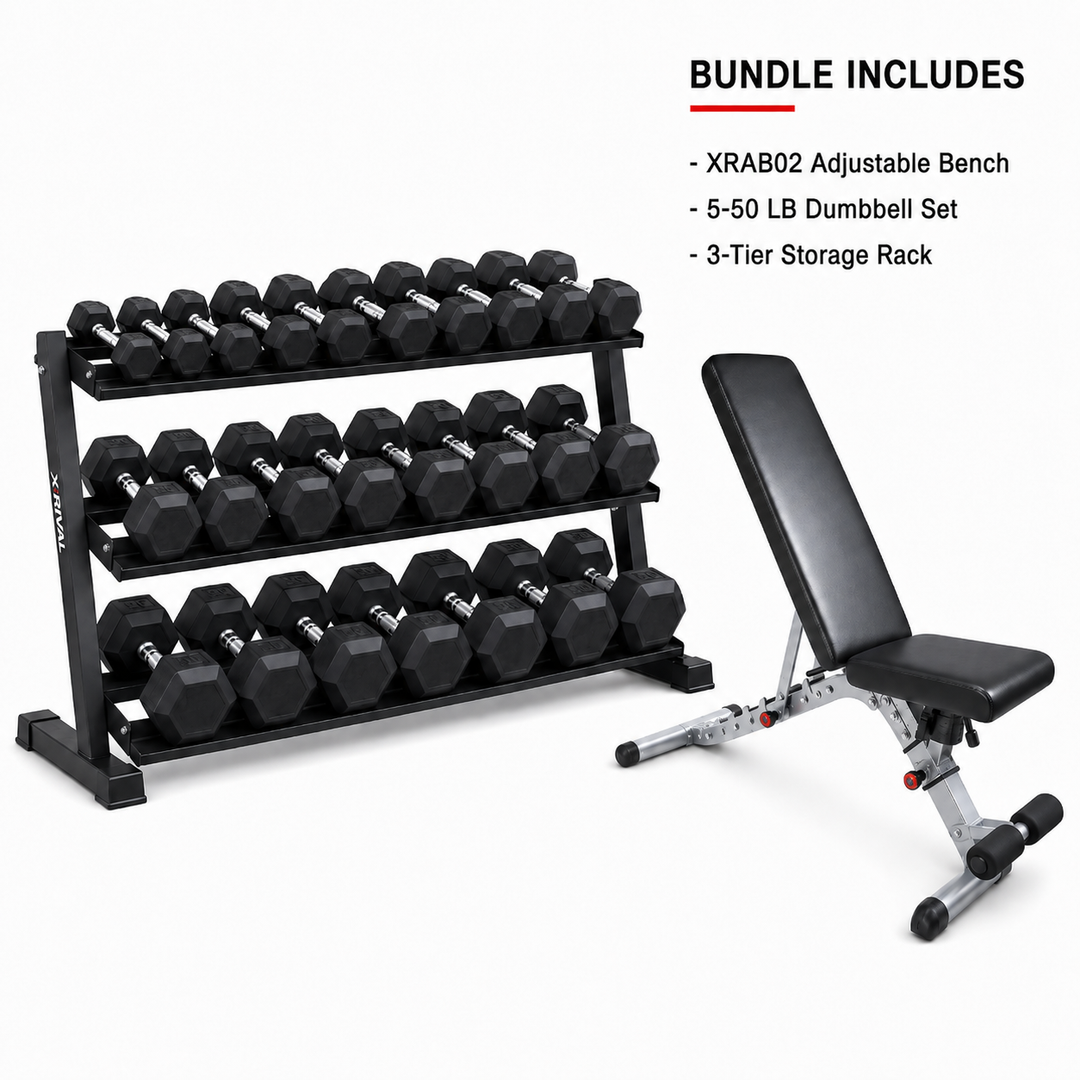 Bench XRAB02 bundle includes 5-50 lb dumbbell set and 3-tier storage rack on white background