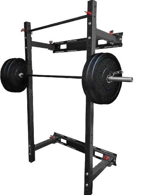 Folding Wall Rack XRWR07 X-RIVAL with weights, ideal for squats, barbell training, and maximizing space in home gyms.