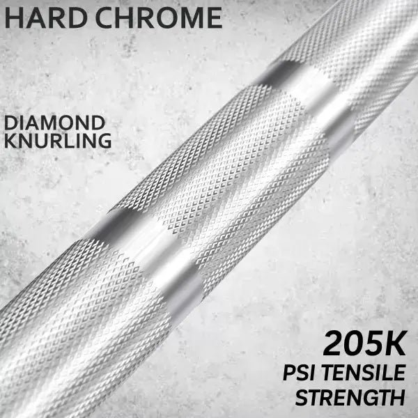 Close-up of a hard chrome Olympic barbell showcasing diamond knurling and 205K PSI tensile strength for powerlifting.