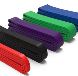 Long Resistance Bands Set in various colors for strength training, ideal for treadmill, dumbbell set, and gym workouts.