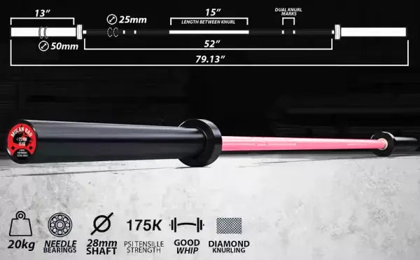X-RIVAL Mulan Olympic barbell dimensions showcasing 20kg weight, needle bearings, and diamond knurling on a gym floor.