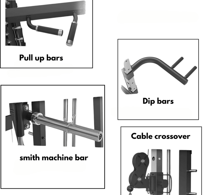 Image showcasing various features of the XRSF10: pull up bars, dip bars, smith machine bar, and cable crossover.