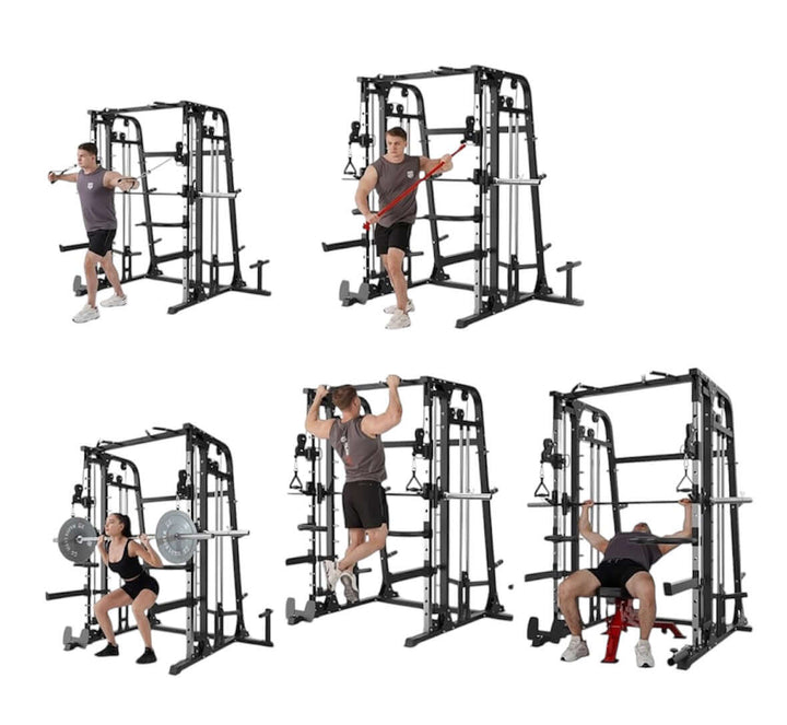 Multi-Function Smith Machine XRSF10 with various exercises demonstrated, featuring strength training versatility for home gyms.