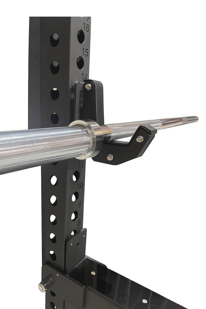 Close-up of a barbell holder on a 3x3" steel power rack, showcasing durability and stability for weight training.