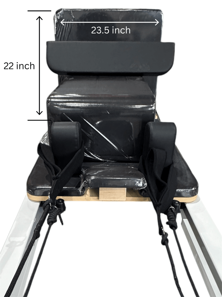 Close-up of Pilates Reformer S with dimensions 23.5 inch and 22 inch, ideal for home and studio workouts in Canada.