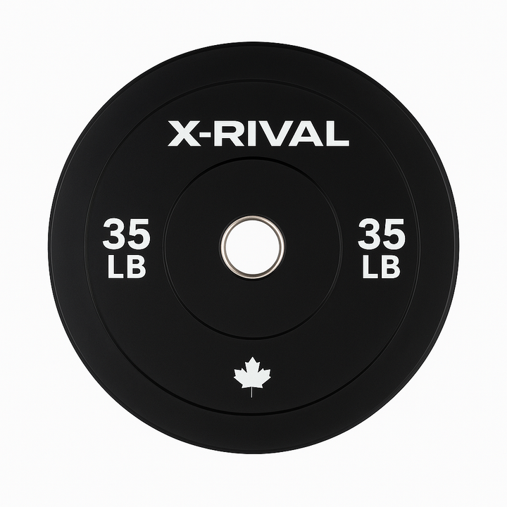 X-RIVAL 35 LB black bumper plate designed for durability and performance in home and commercial gyms.