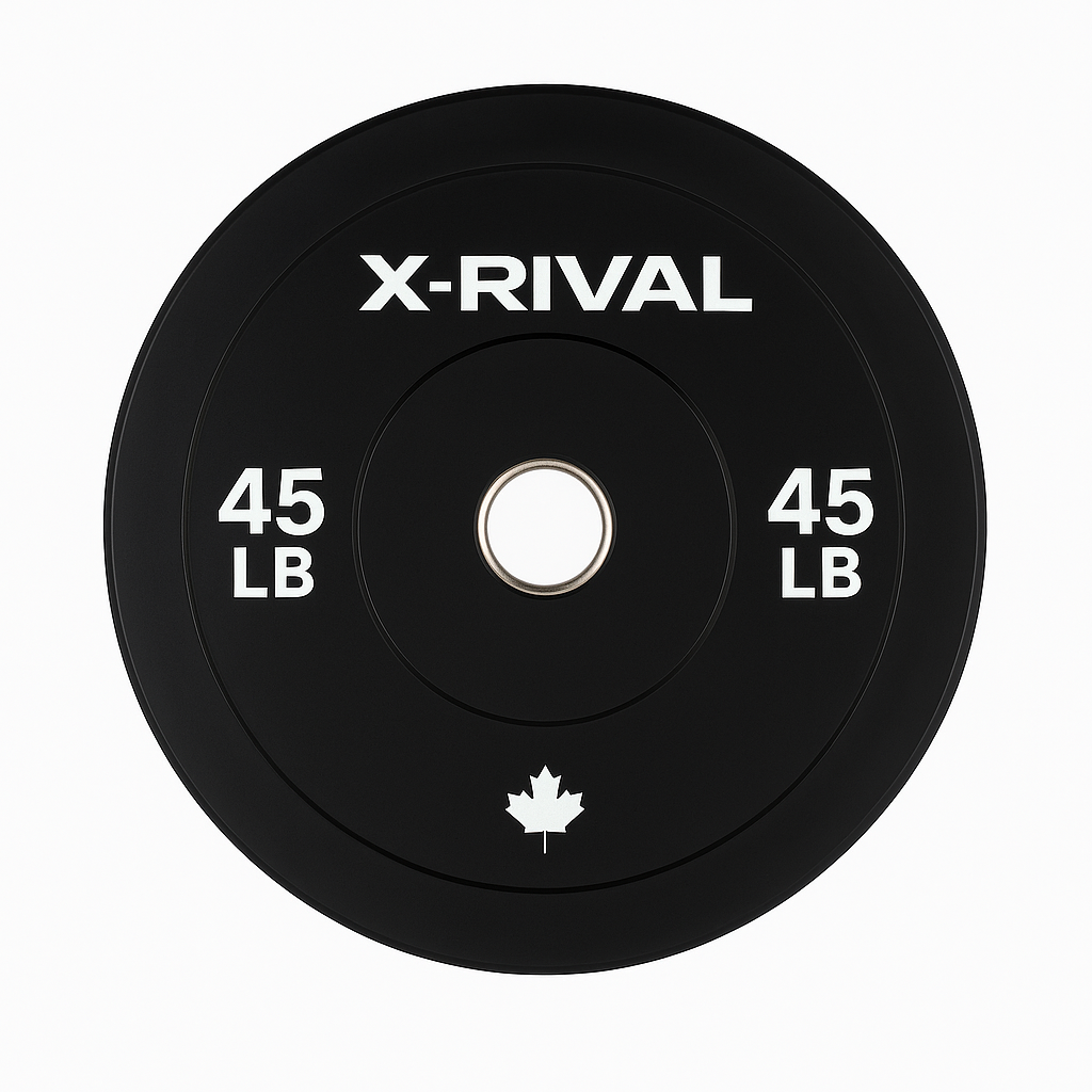 X-RIVAL 45 LB black bumper plate, durable rubber construction, ideal for weight training in home gyms and fitness centers.