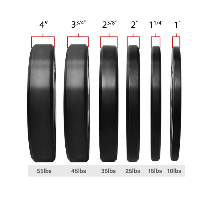 X-RIVAL black bumper plates display showing various weights and thicknesses for gym use.