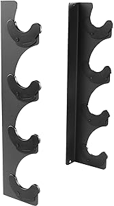 Vertical barbell holder for gym organization, space-saving design for storing multiple barbells upright.