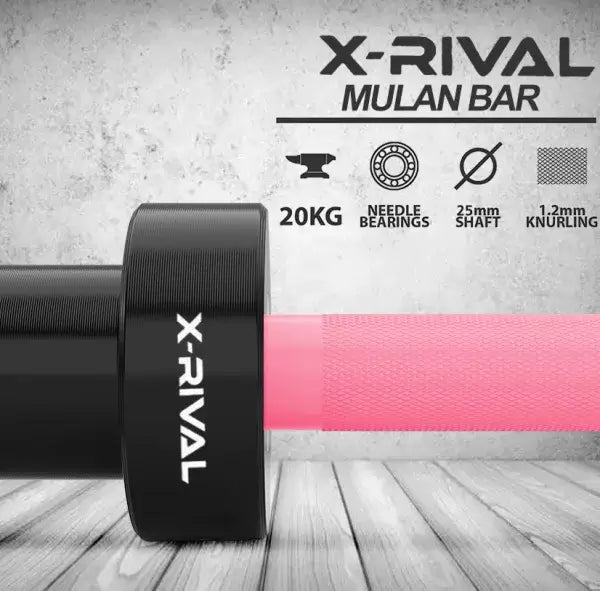 X-RIVAL Mulan Bar 20kg Olympic barbell with pink grip, designed for weightlifting and strength training.