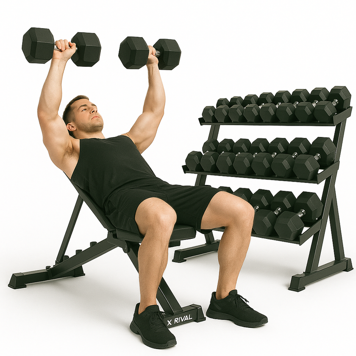 Man performing chest press with X-RIVAL Rubber Hex Dumbbells on an adjustable bench in a gym setting.