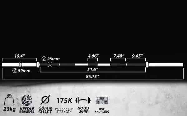 Diagram of X-RIVAL Soldier 2.0 Olympic Bar dimensions, including length, diameter, and specifications for strength training.