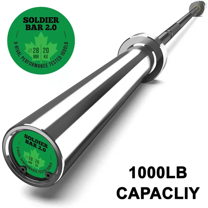 X-RIVAL Soldier Bar 2.0 Olympic barbell showcasing 1000lb capacity, designed for strength training and weightlifting.