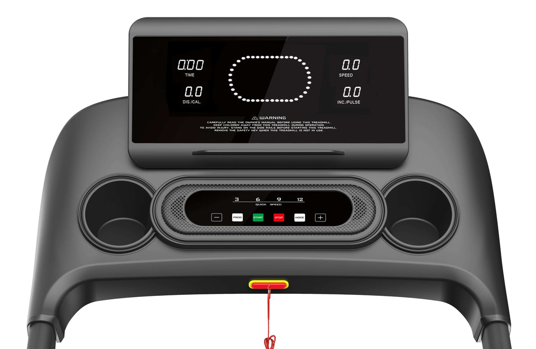 X-RIVAL Treadmill Max Motion K5451 control panel with display and cup holders for an enhanced workout experience.