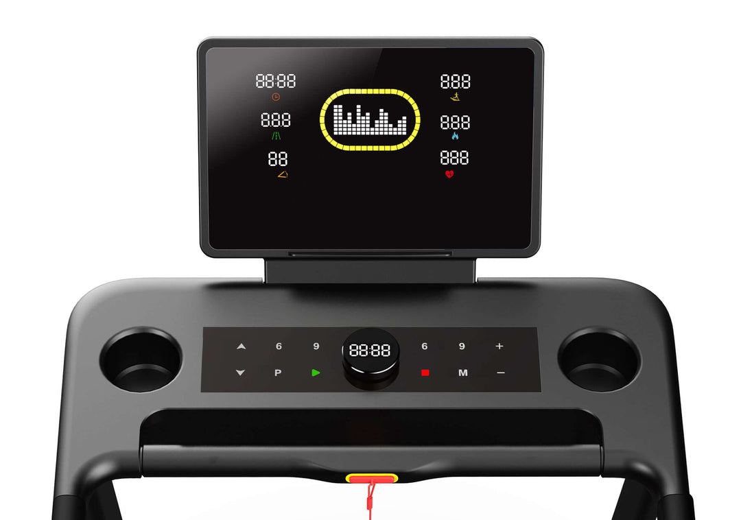 Close-up of X-RIVAL treadmill's display panel featuring speed, distance, and heart rate metrics for a smart workout experience.