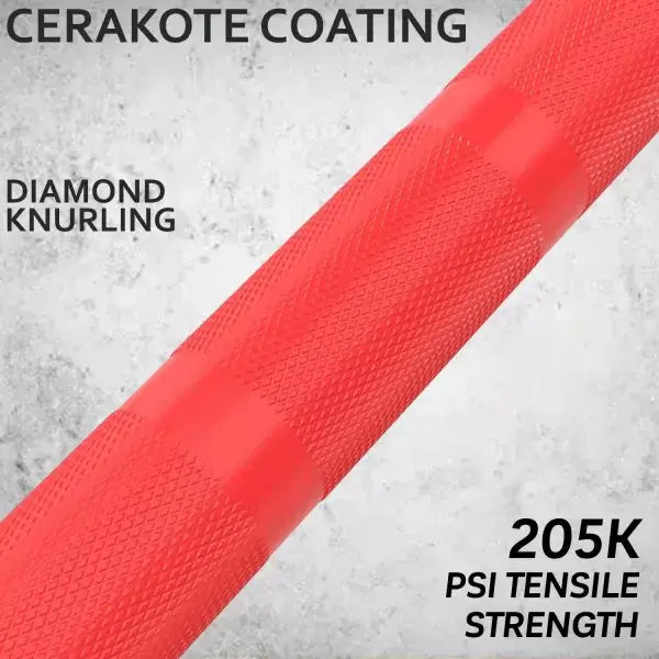 Close-up of X-RIVAL Warrior 2.0 barbell showcasing Cerakote coating and diamond knurling, highlighting 205K PSI tensile strength.