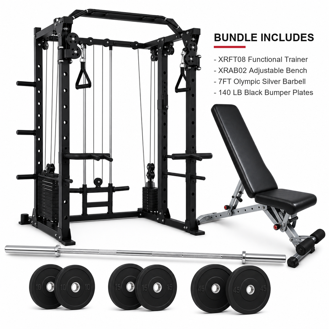 XRFT08 bundle includes XRAB02 adjustable bench, 7FT Olympic silver barbell, and 140 lb black bumper plates on white background