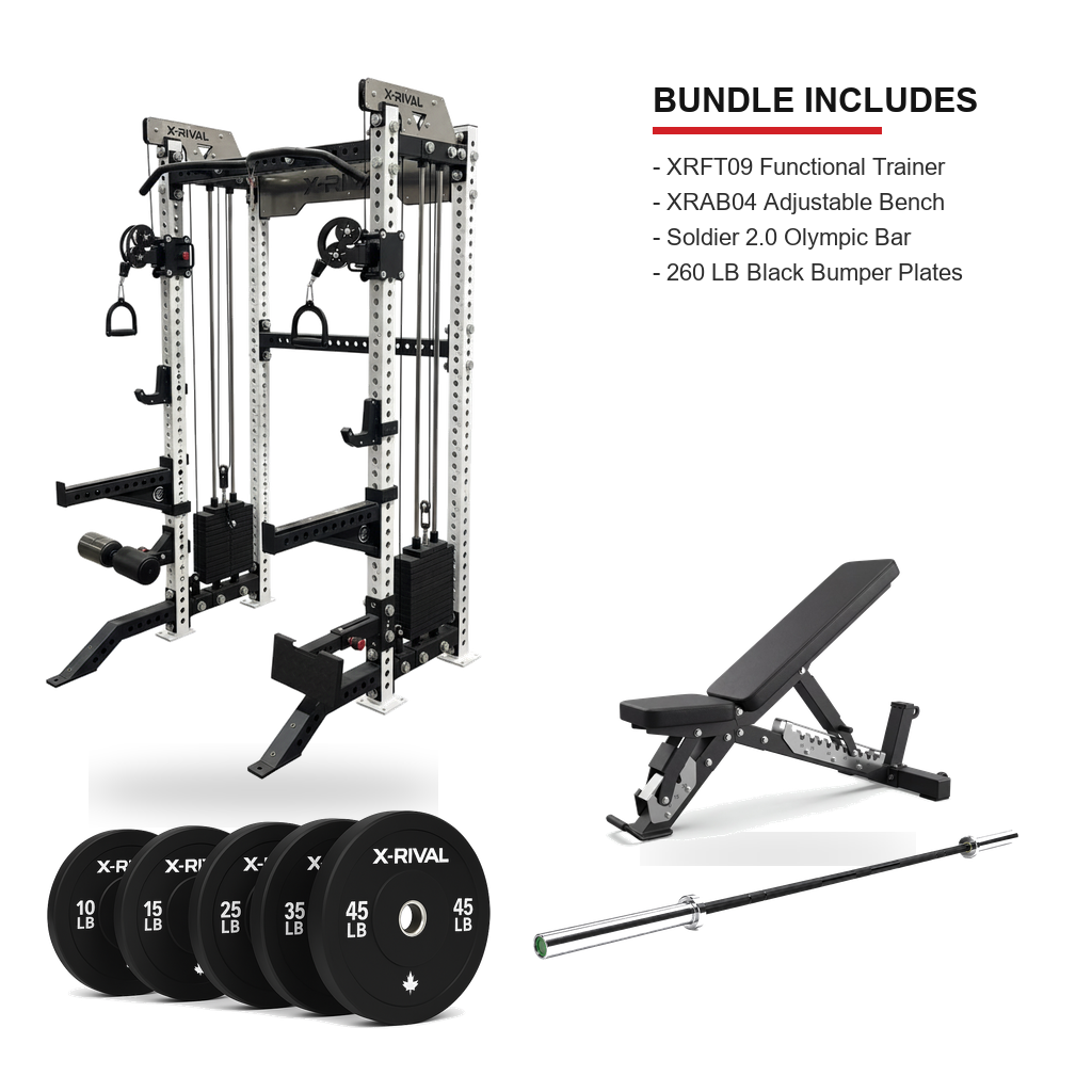 XRFT09 XRAB04 Soldier 2.0 Olympic Bar and 260 LB black bumper plate bundle on a clean white background with included items