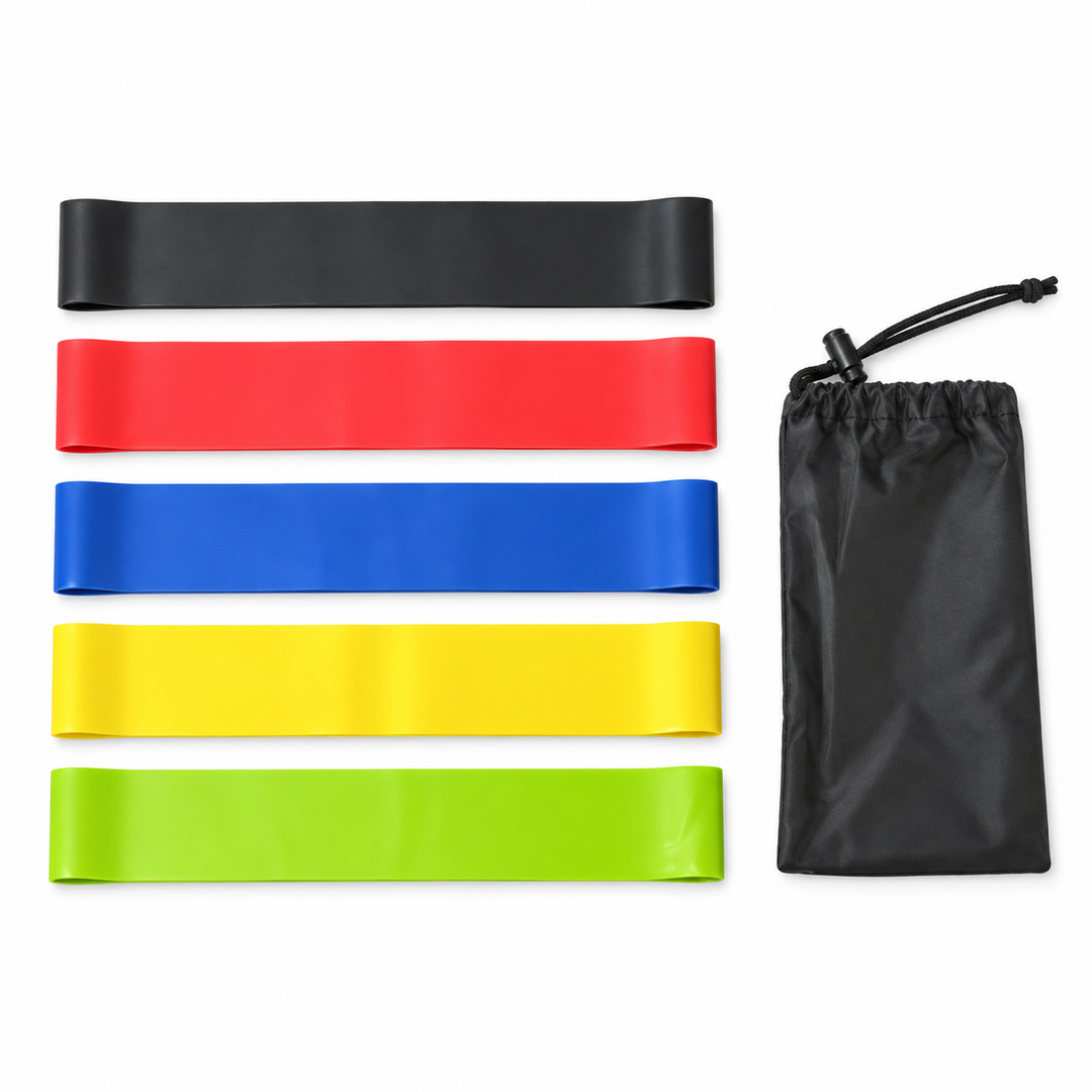 X-RIVAL mini resistance bands set: black, red, blue, yellow and green loop bands with a black drawstring pouch on a white background.