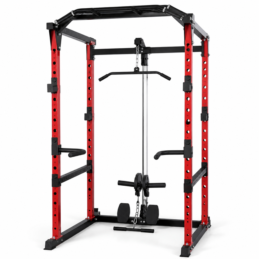 XRPC02 red and black power rack with lat pull-down - front left view