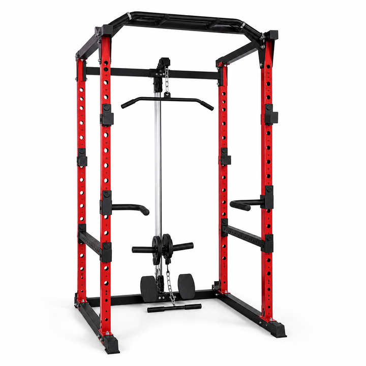 XRPC02 red and black power rack with lat pull-down - front right view