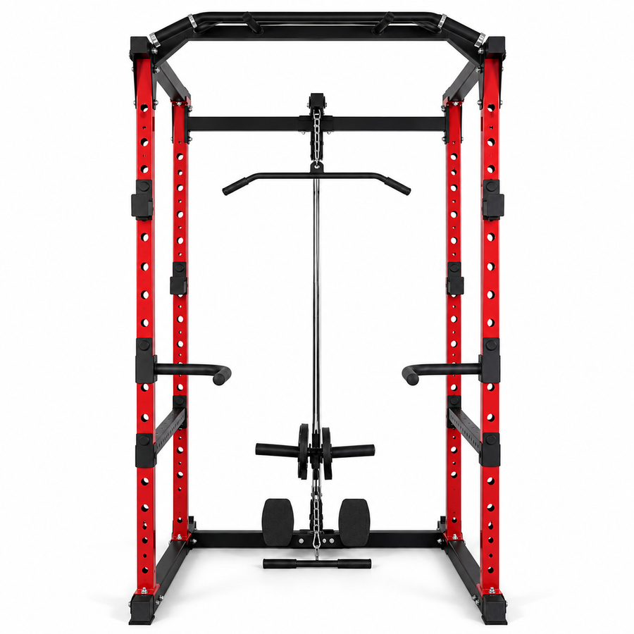 XRPC02 red and black power rack with lat pull-down - front view