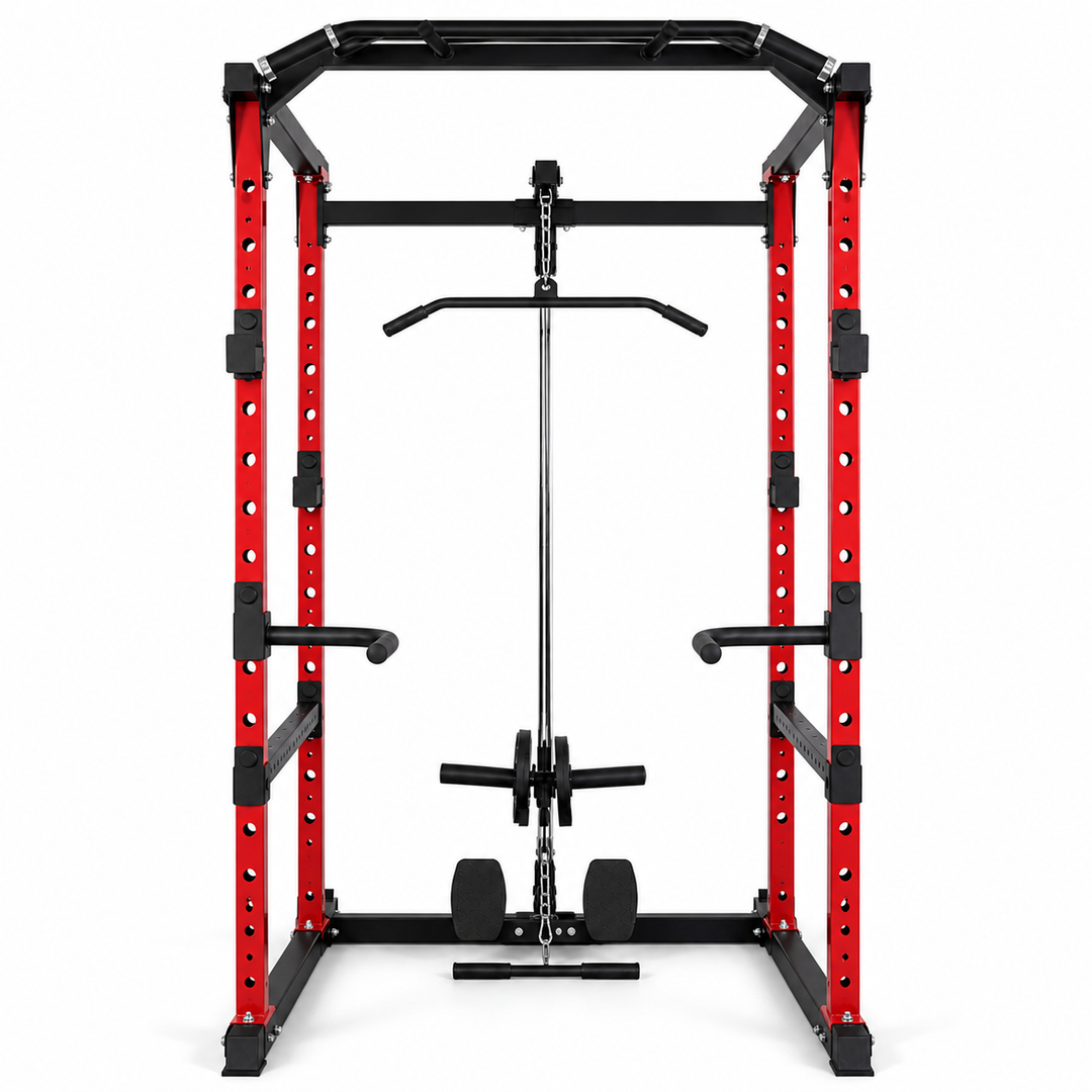 XRPC02 red and black power rack with lat pull-down - front view