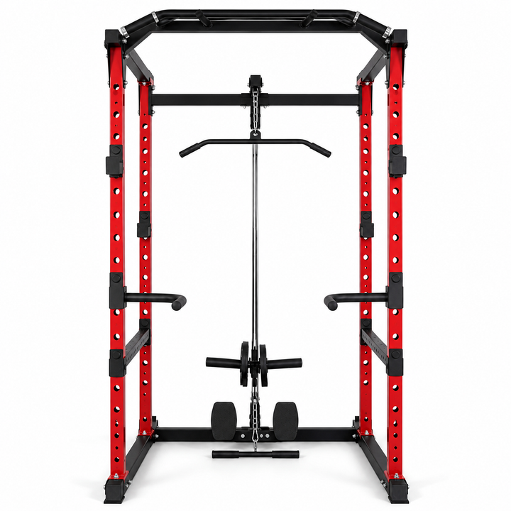 XRPC02 red and black power rack with lat pull-down - front view