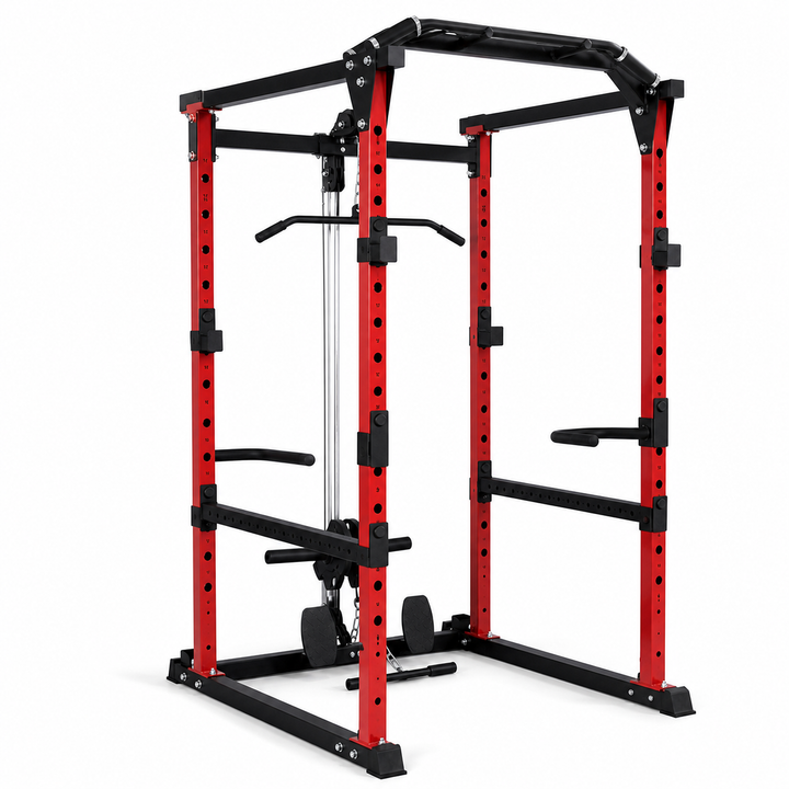 XRPC02 red and black power rack with lat pull-down - rear left view