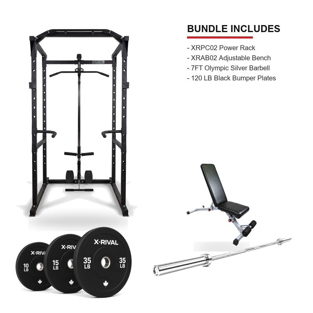 XRPC02 XRAB02 7FT Olympic silver barbell and 120 LB black bumper plate bundle on a clean white background with included items