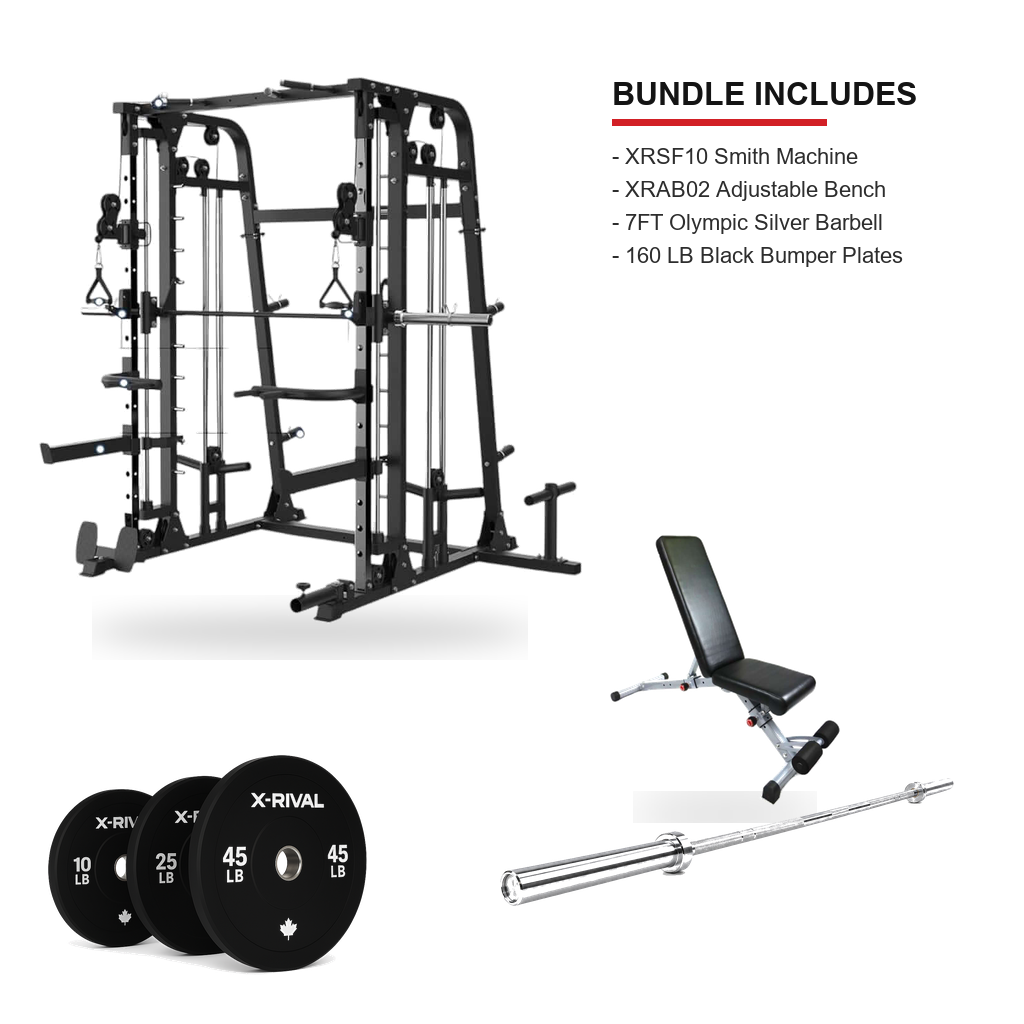 XRSF10 XRAB02 7FT Olympic silver barbell and 160 LB black bumper plate bundle on a clean white background with included items